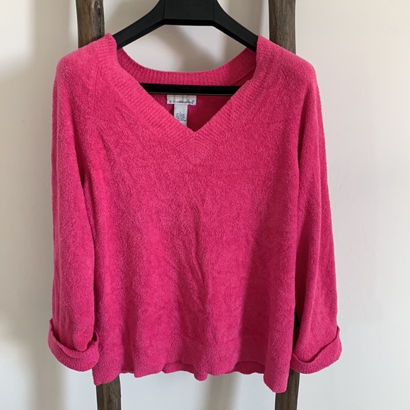 c.b.collections v-neck soft fluffy hot pink sweater / size L - Picture 5 of 10